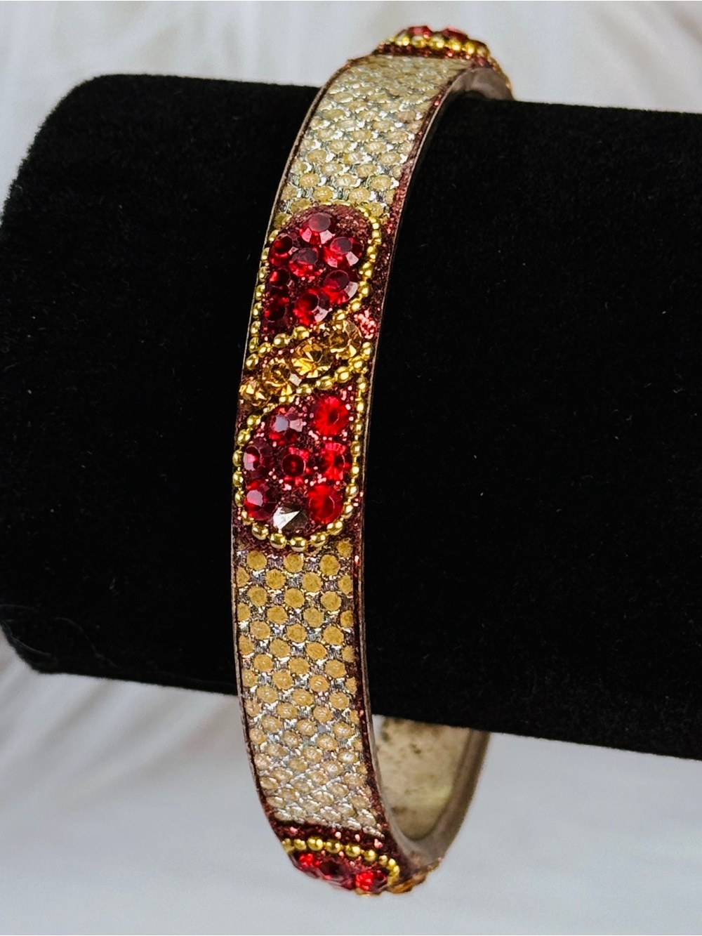 Aged goldtone, redaccent, Bohemian, ethnic chic bangle bracelet